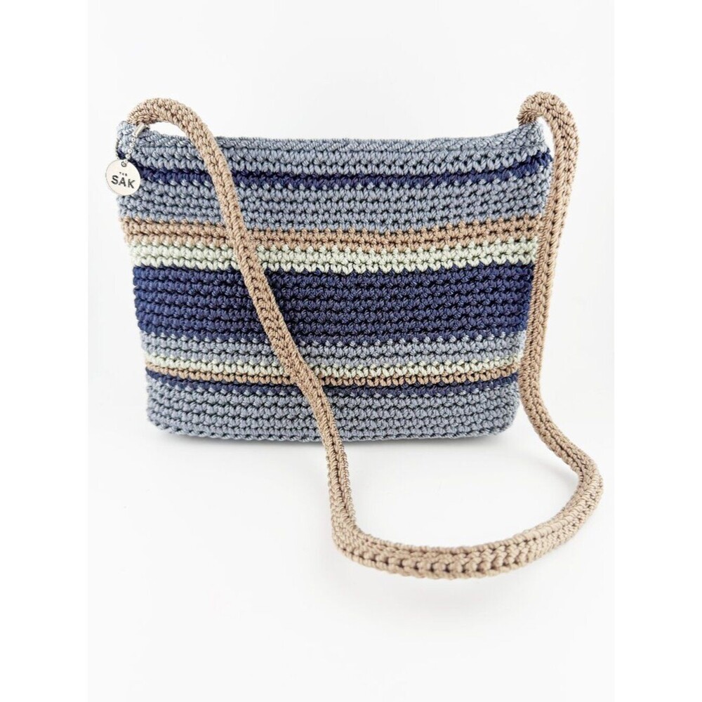 The Sak Hand Crochet Striped Shoulder Bag - VTG Boho Blue Grey Tan Y2K